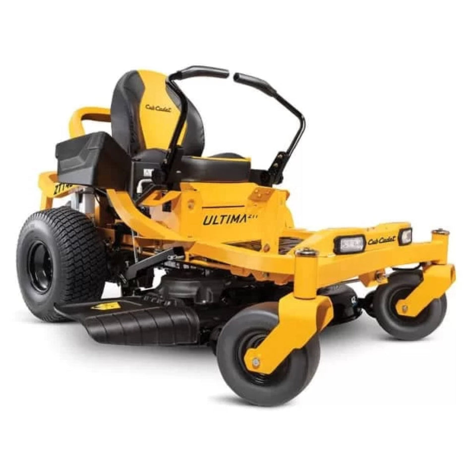 Yellow Cub Cadet zero-turn lawn mower on a white background