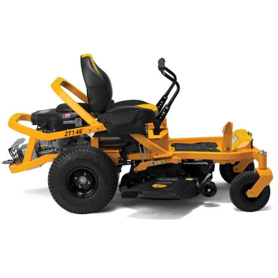 Yellow and black zero-turn lawn mower on a white background